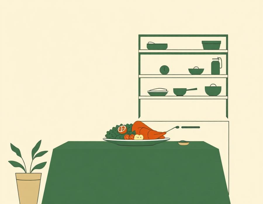 Illustration of a cooked meal beside a tidy pantry
