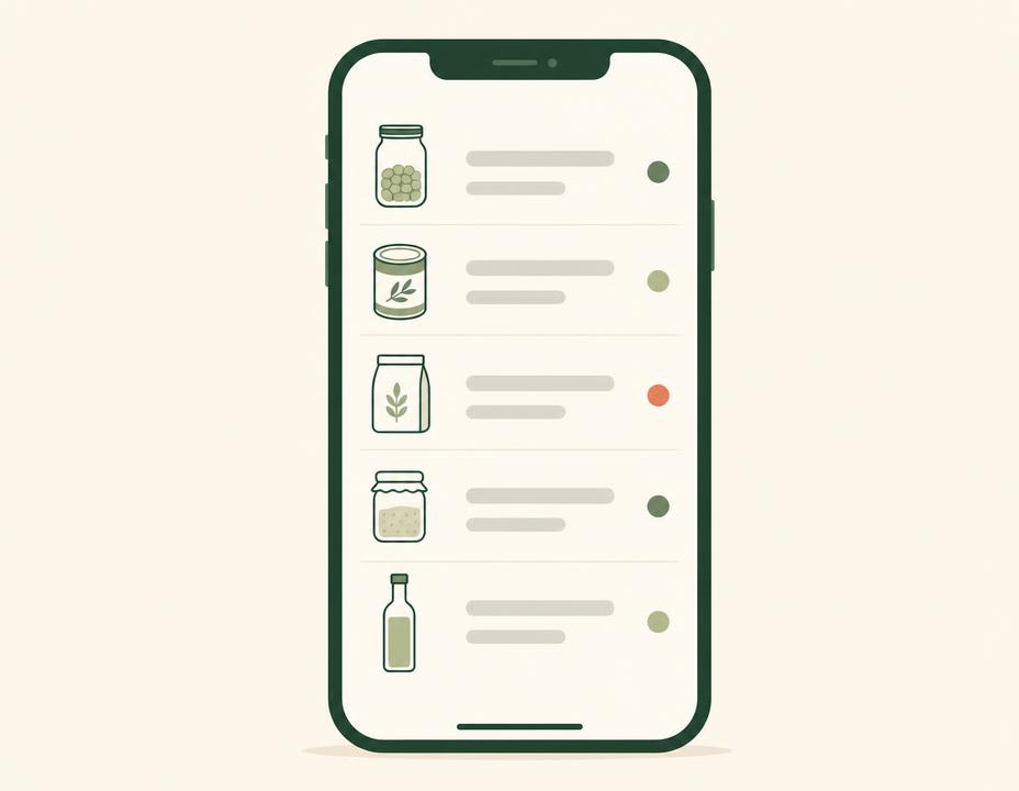 Illustration of a phone showing tracked pantry items with date markers